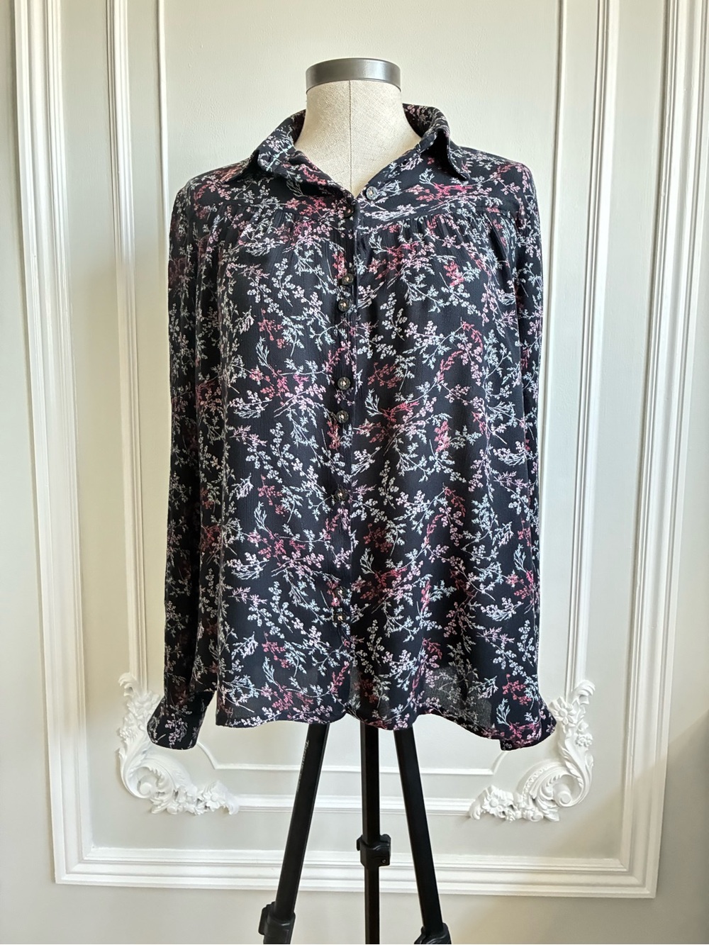 Maeve Black Blouse with Pink & White‎ Floral Sprigs